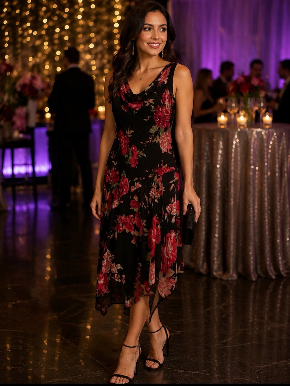 Vintage connected apparel Black Midi Dress with Pink Floral Print💕